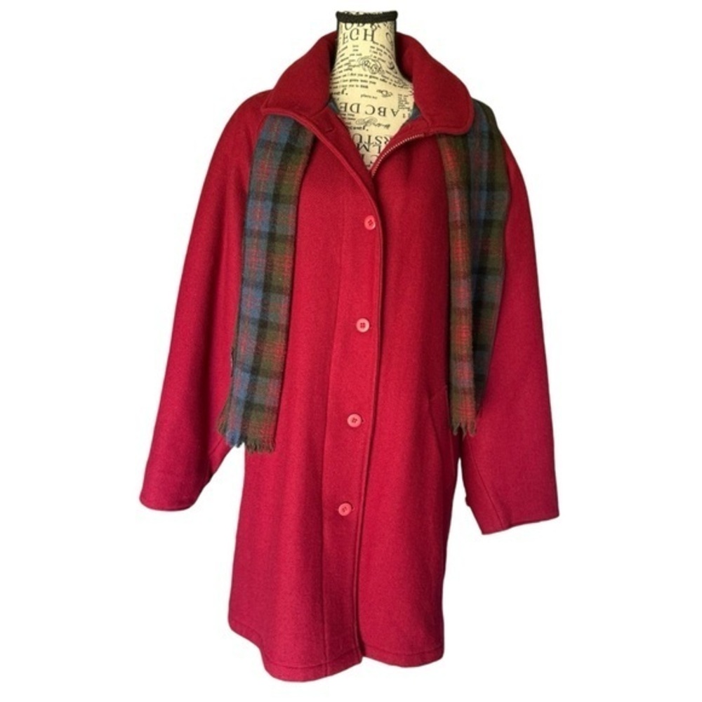 Vintage WOOLRICH plaid lined red wool trench coat with matching scarf size L EUC
